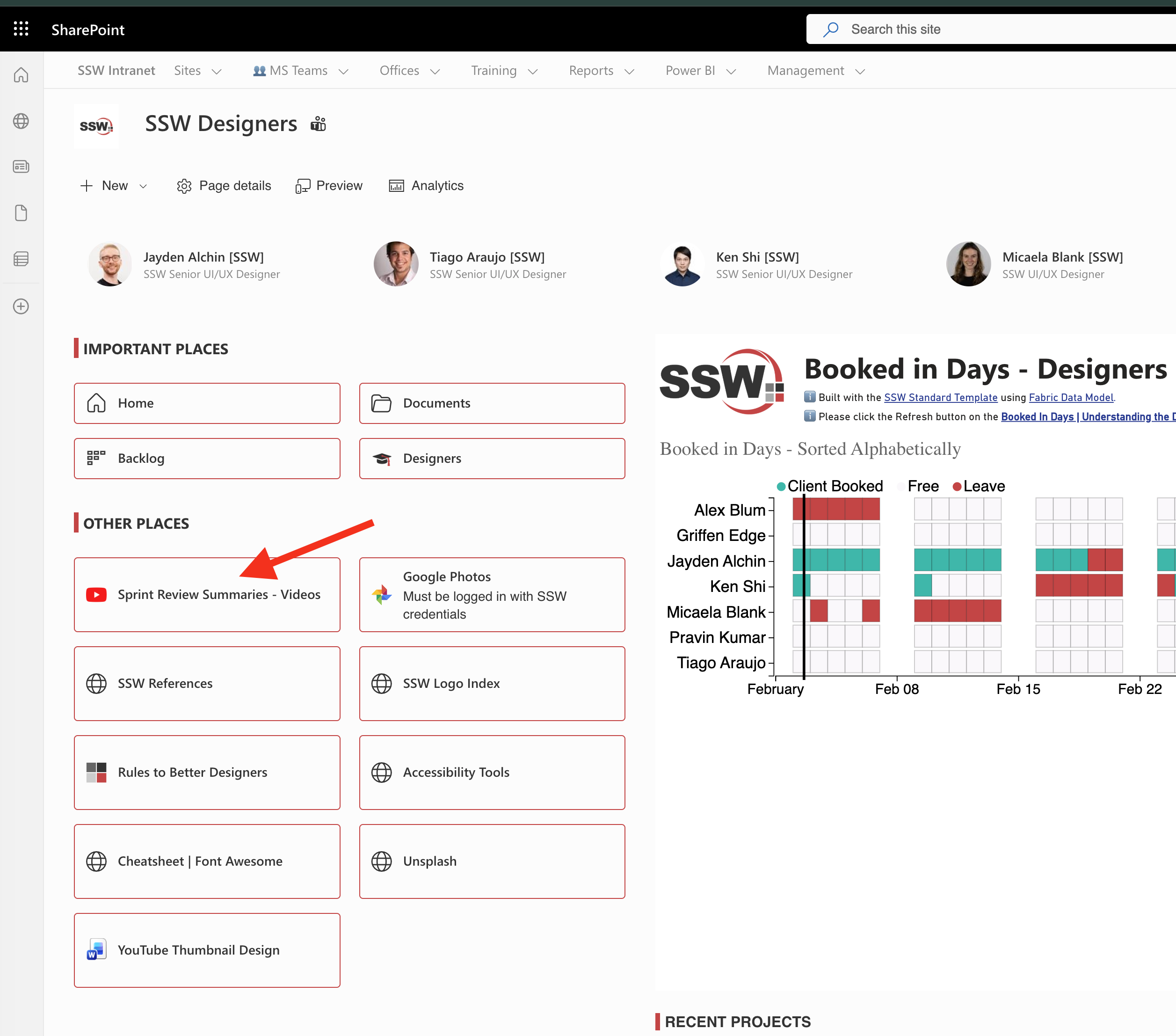 SharePoint page showing internal Sprint Summary videos