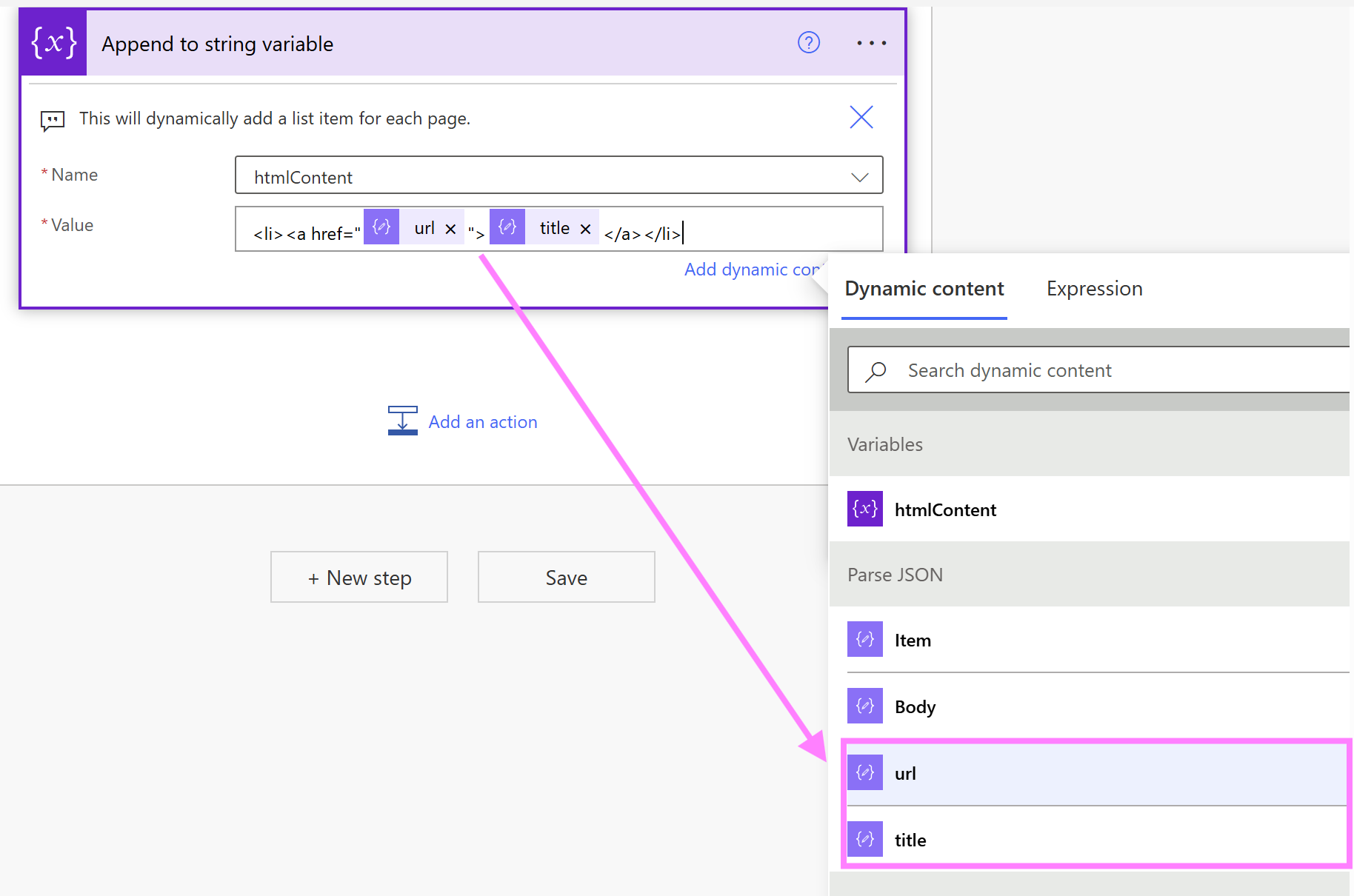 append to string variable start of html