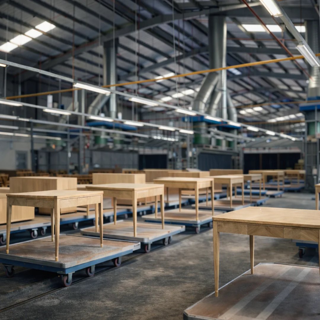 Tam Nguyên Wood Co. factory floor — rows of finished hardwood tables on the production line