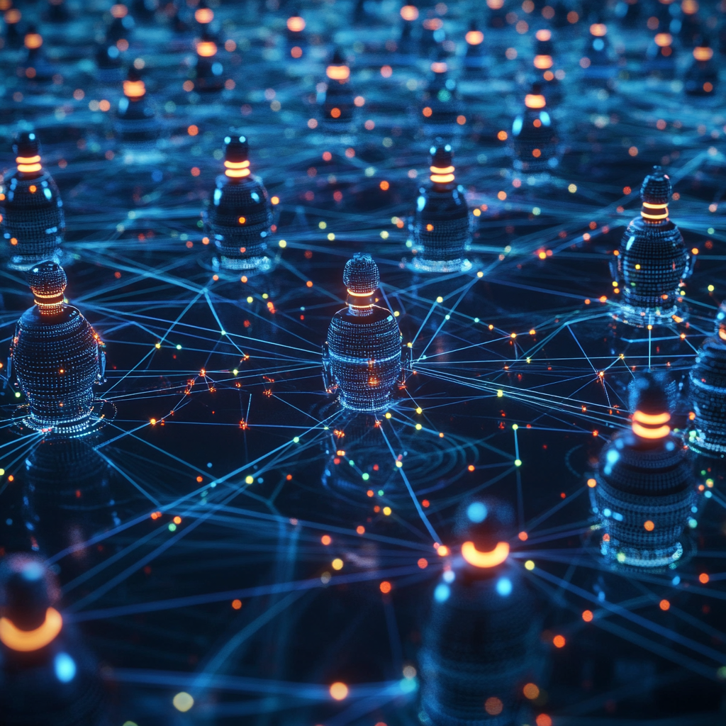 An 8K high-definition image of an internet network of billions of AI agents, representing the future of swarm intelligence.