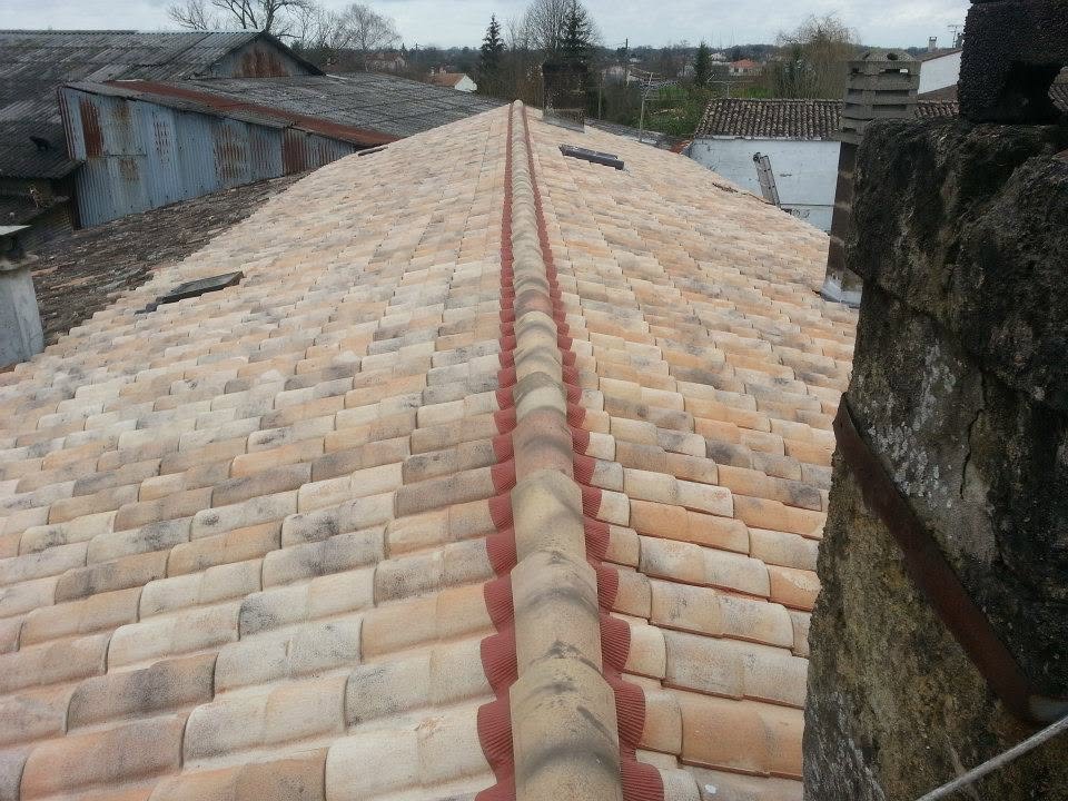 Vue dans l’axe du faîtage avec ses tuiles arrondies et un closoir rouge entre les deux pans de toiture