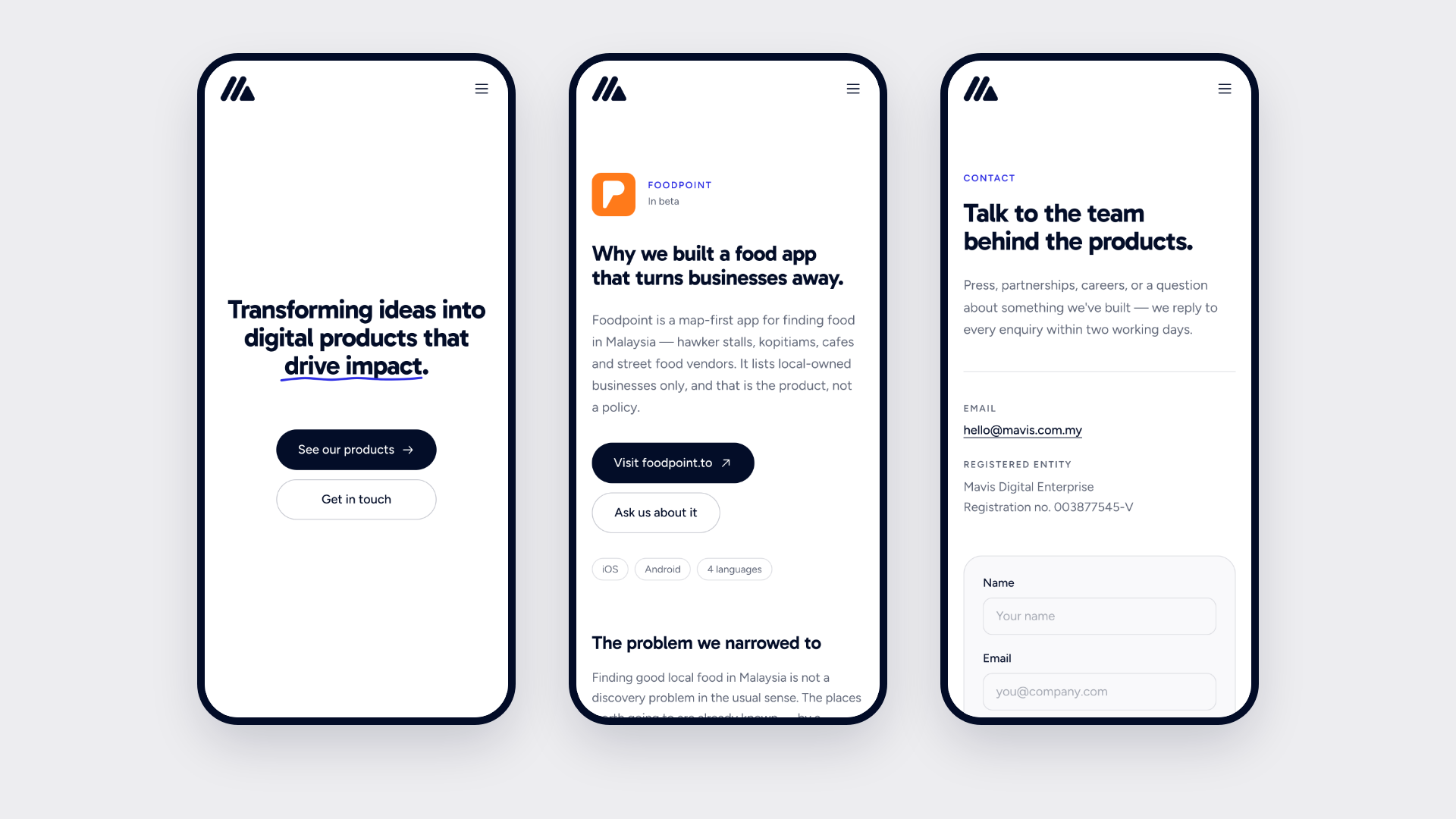 Home, product and contact pages on a phone