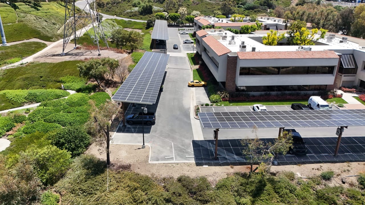 Solar carports over the parking lot at the Las Ramblas Viejo office in Mission Viejo, California