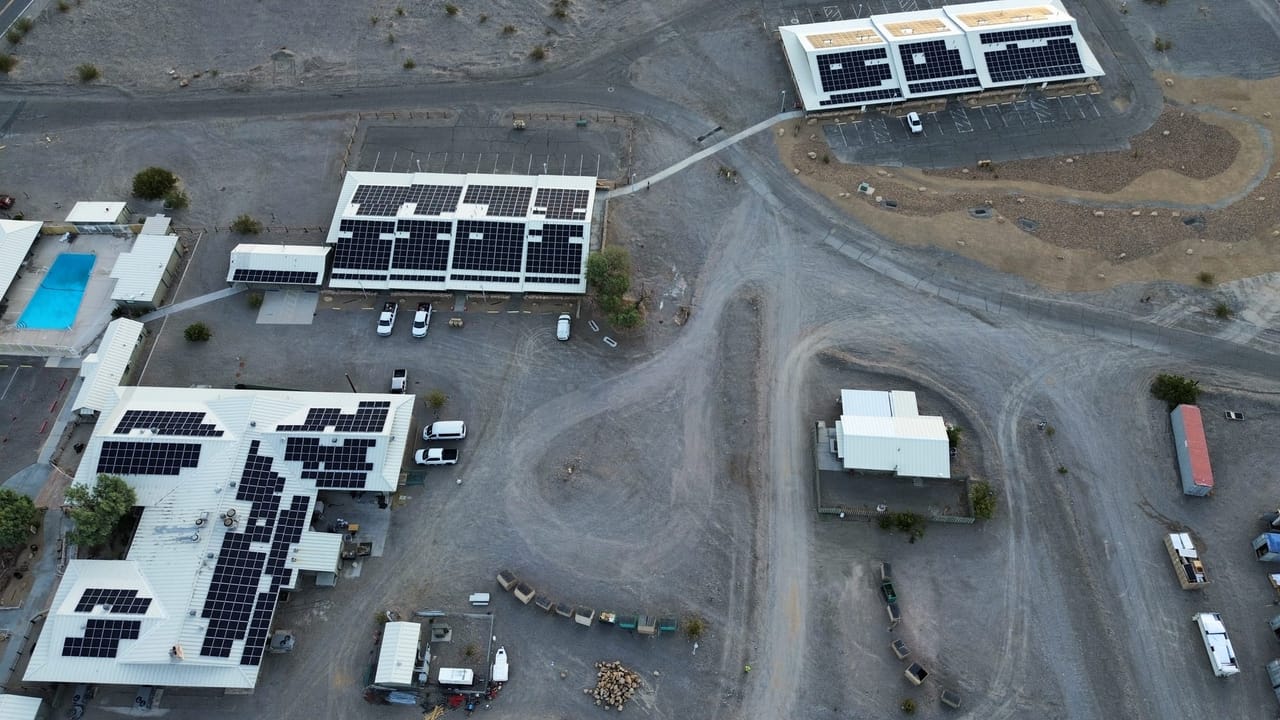 Rooftop solar across National Park Service buildings at Stovepipe Wells in Death Valley, California