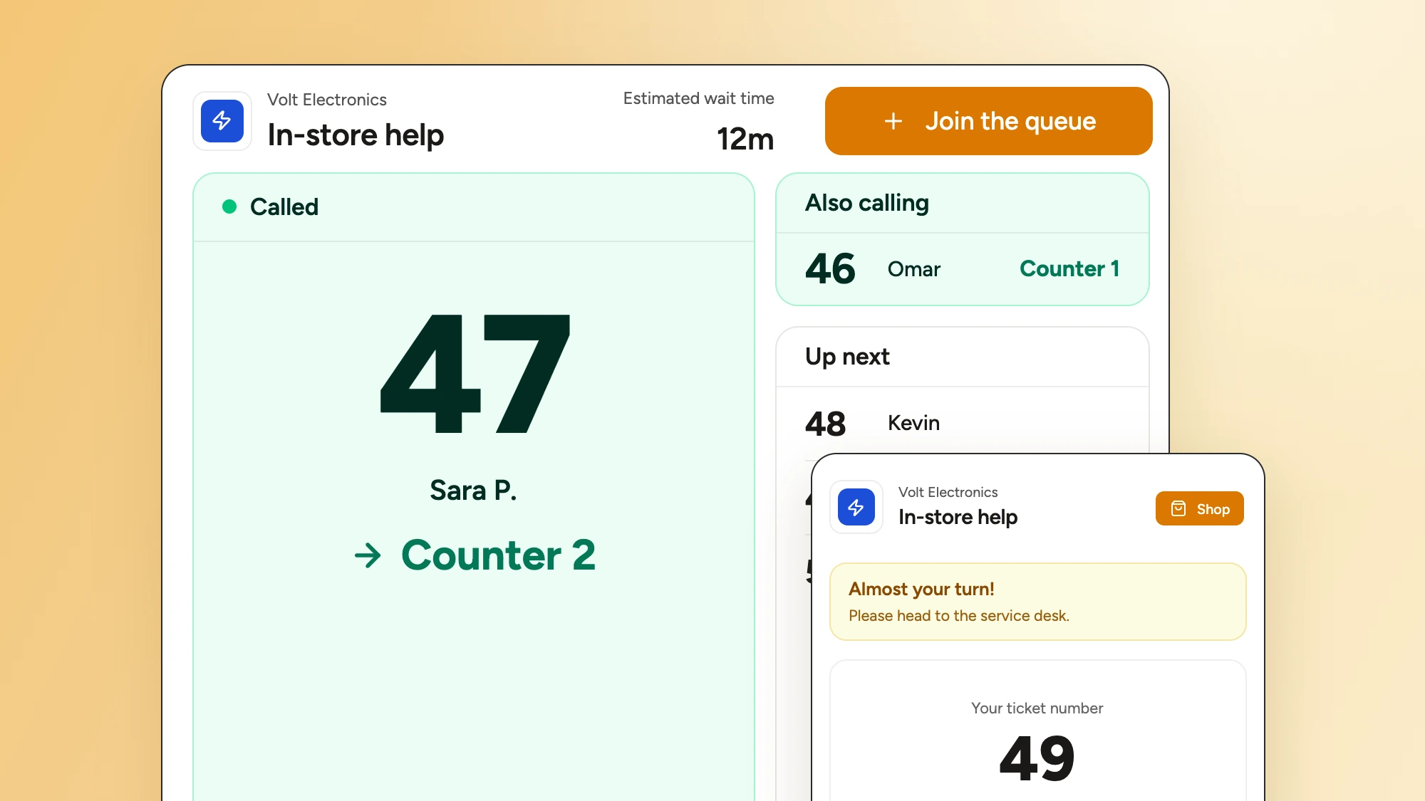 A WaitQ queue display on a TV screen at a retail service counter