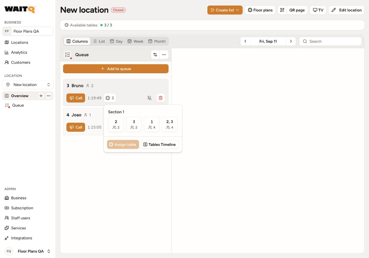 The table picker on a queue entry, showing individual tables, a combination, Assign table, and Tables Timeline.