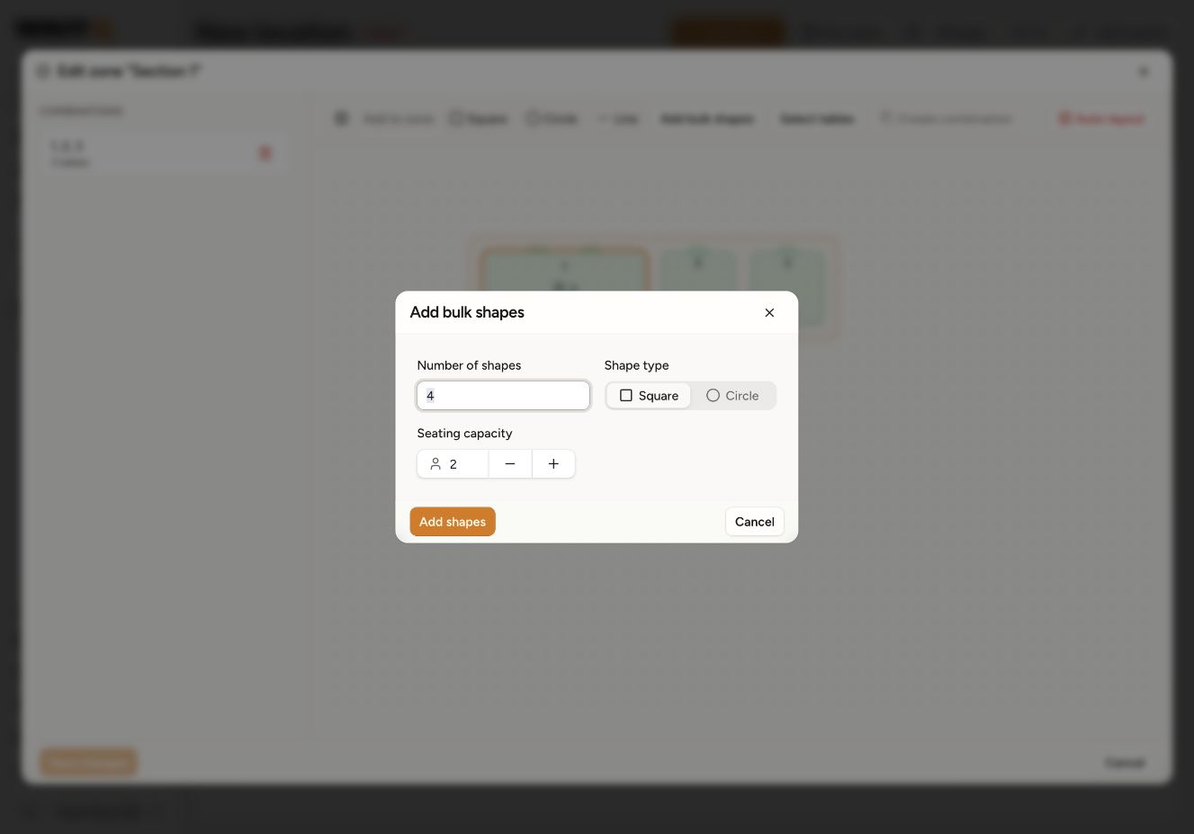The Add bulk shapes dialog configured to add four square tables with two seats each.