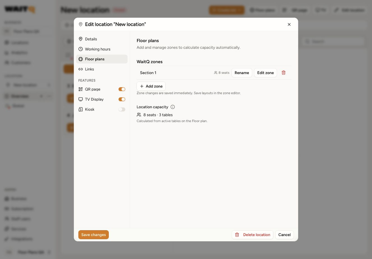 The Floor plans tab with an existing zone, Add zone, and a calculated seat and table summary.