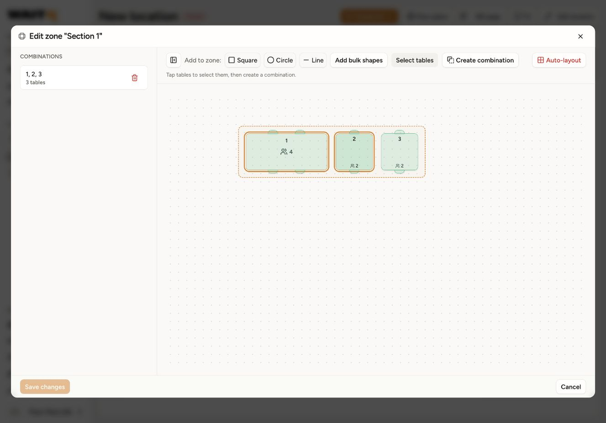 Select tables mode with tables 1 and 2 selected and Create combination enabled.