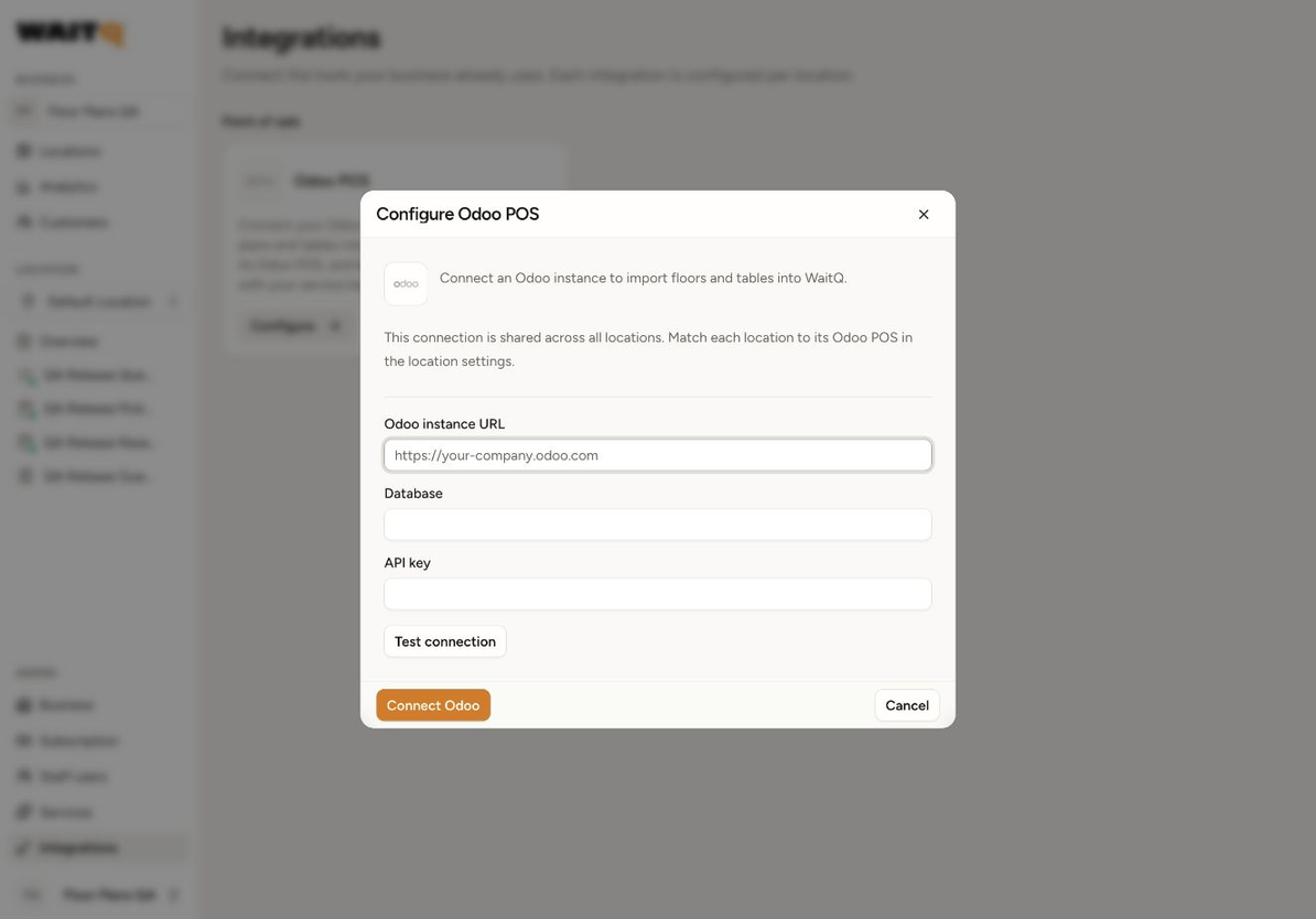Configure Odoo POS dialog with Odoo instance URL, Database, API key, Test connection, and Connect Odoo.