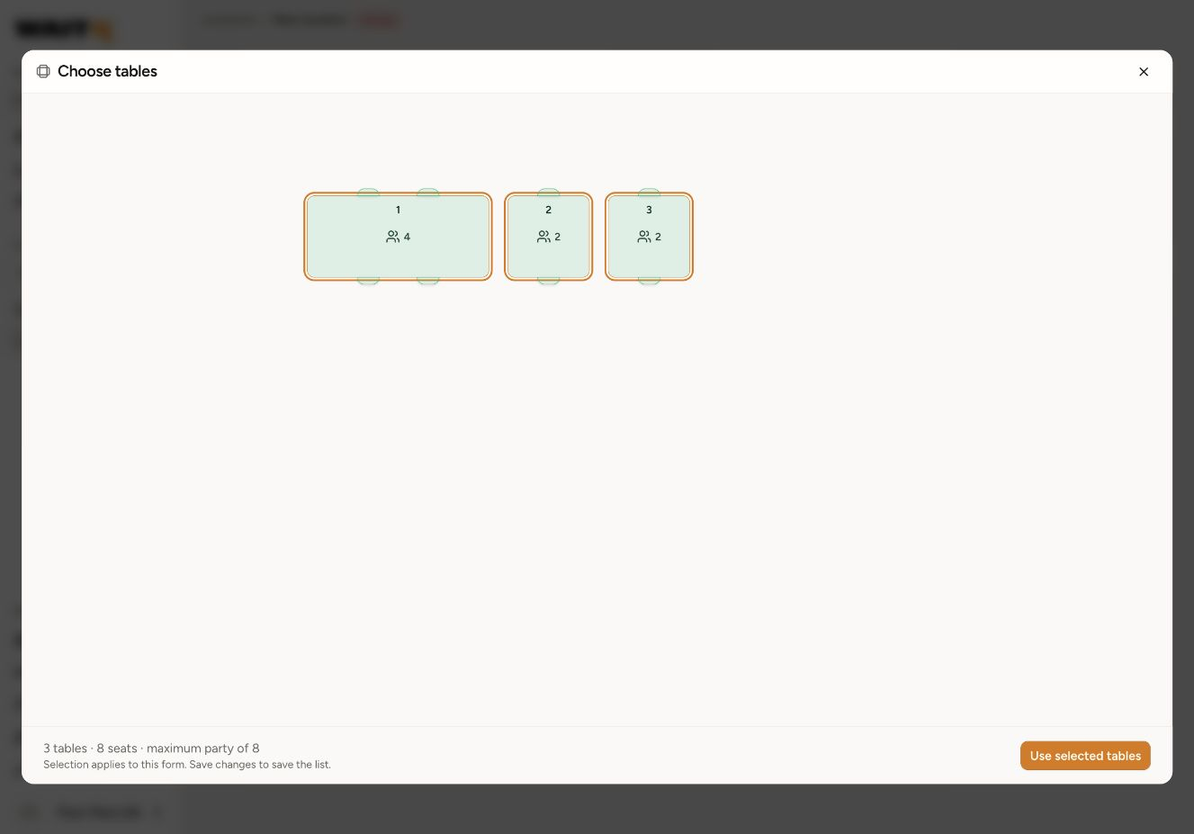 Choose tables dialog with three tables selected and a summary of eight seats and a maximum party of eight.