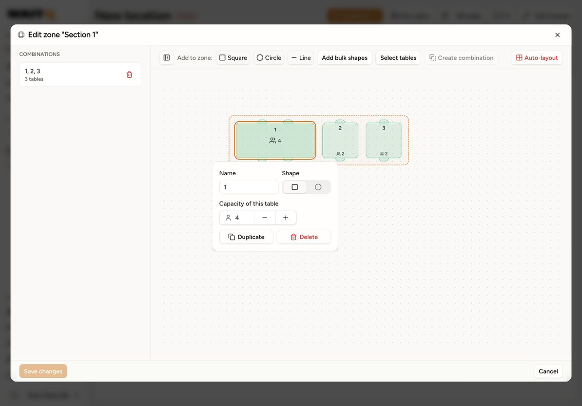 The zone editor toolbar and a selected table with controls for its name, shape, capacity, duplication, and deletion.