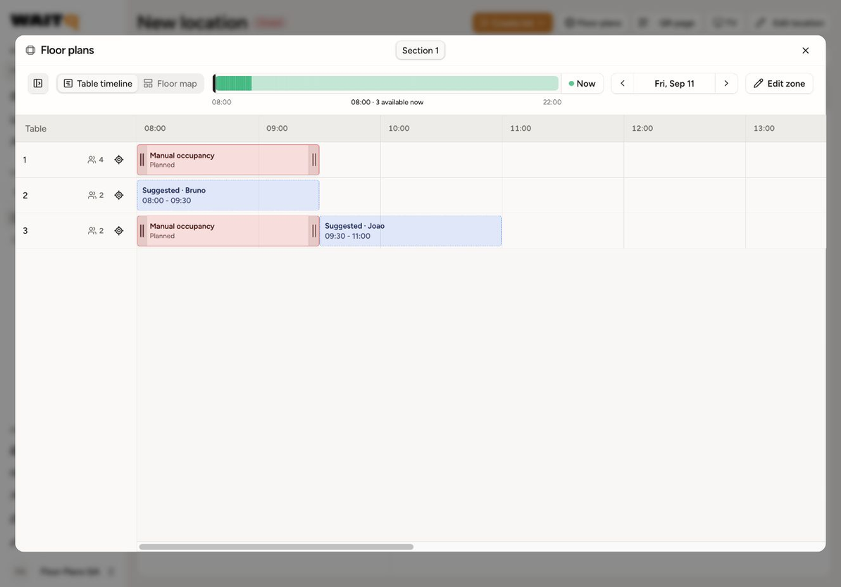 Table timeline with three table rows, manual occupancy periods, planned party placements, date controls, and the Now button.