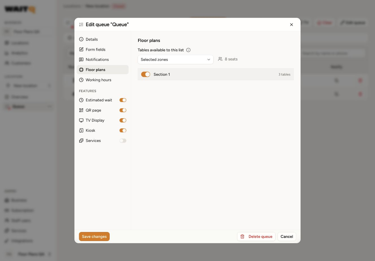 Queue Floor plans settings with Selected zones chosen, one zone enabled, and a total of eight seats.