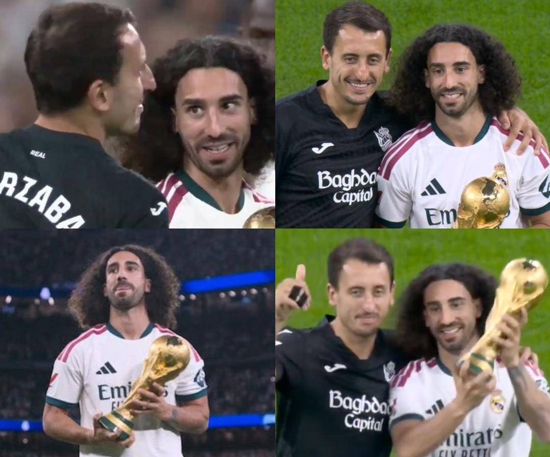 Cucurella invita a Oyarzabal al homenaje y emociona al Bernabéu - Cucurella y Oyarzabal reciben el aplauso del Bernabéu antes del inicio del partido.