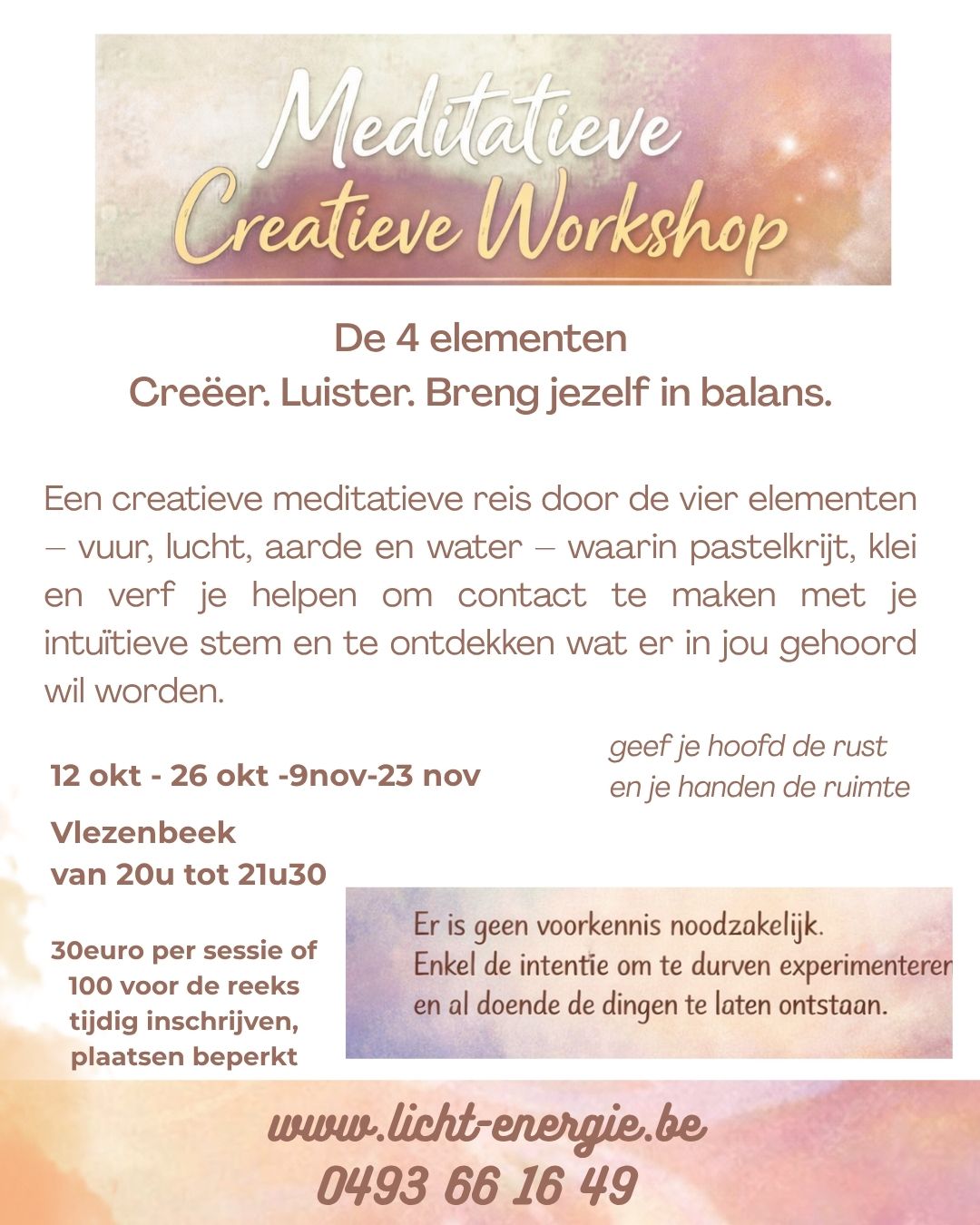 Affiche Meditatieve creatieve workshop: de 4 elementen, op maandagavond in Vlezenbeek