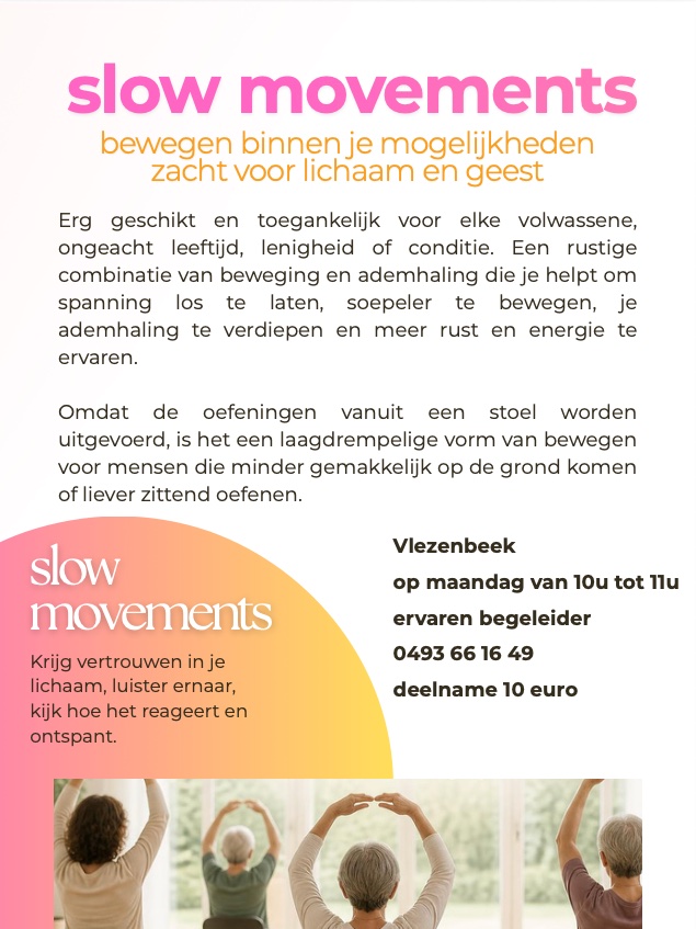 Affiche Slow movements: zacht bewegen vanuit een stoel, op maandag in Vlezenbeek