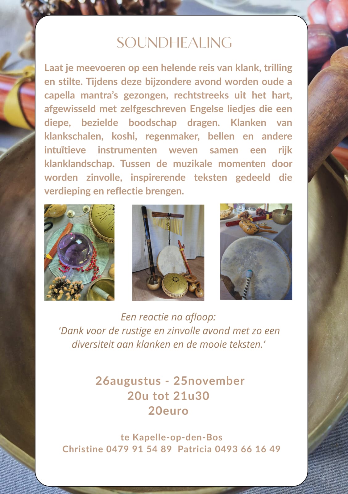 Affiche Soundhealing: avond met mantra’s, klankschalen en andere instrumenten in Kapelle-op-den-Bos