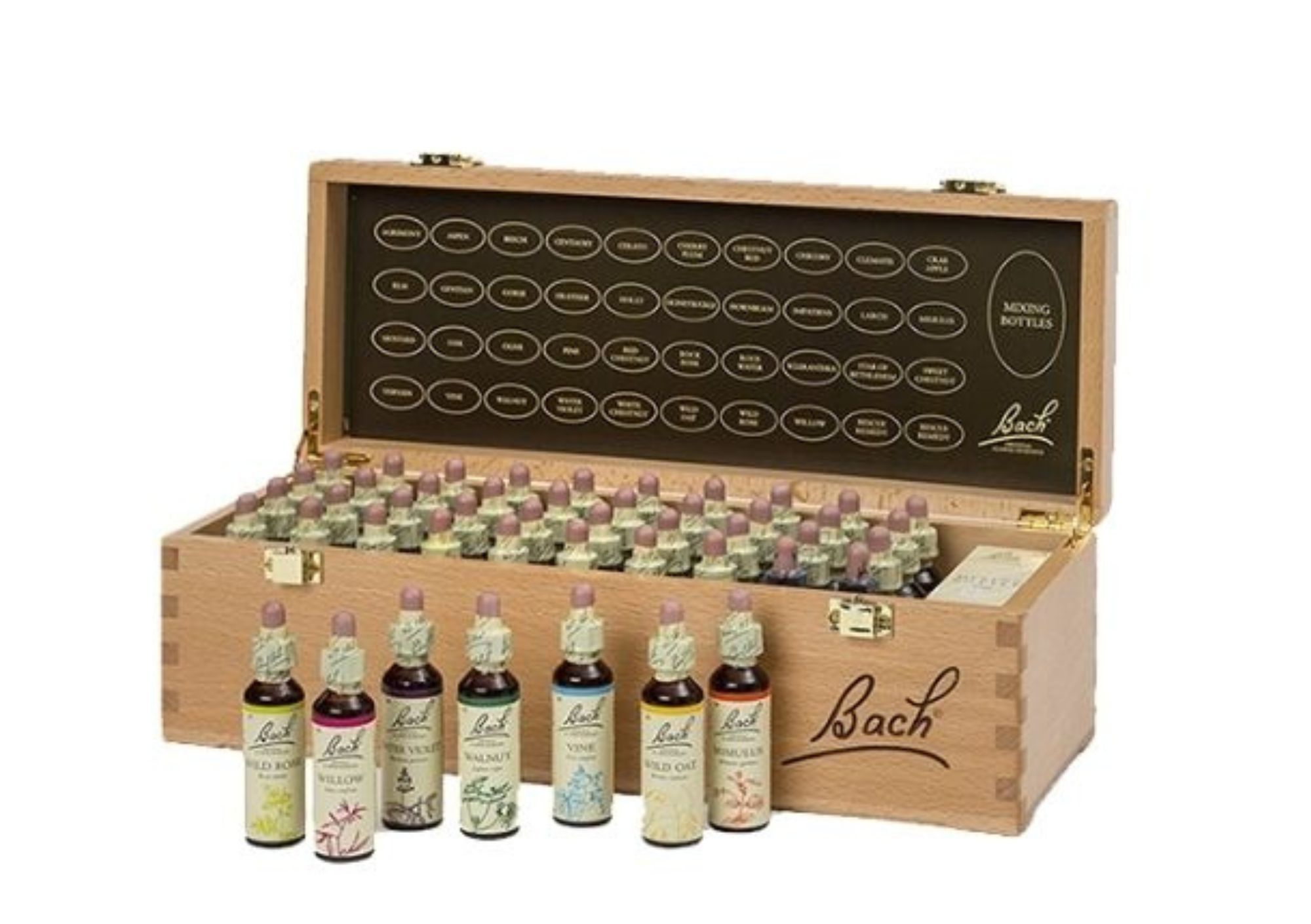 Houten kistje met flesjes Bachbloesemremedies