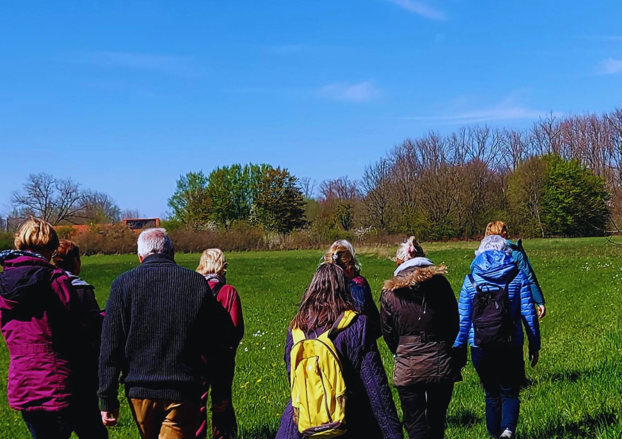 Groep mensen wandelt samen door een groen veld