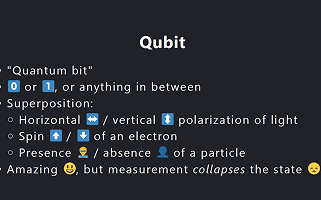 Educational slide defining quantum bits with bullet points covering superposition, polarization, spin, and measurement concepts