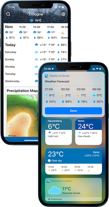 Weather & Climate Tracker app shown in action on 2 iPhone devices