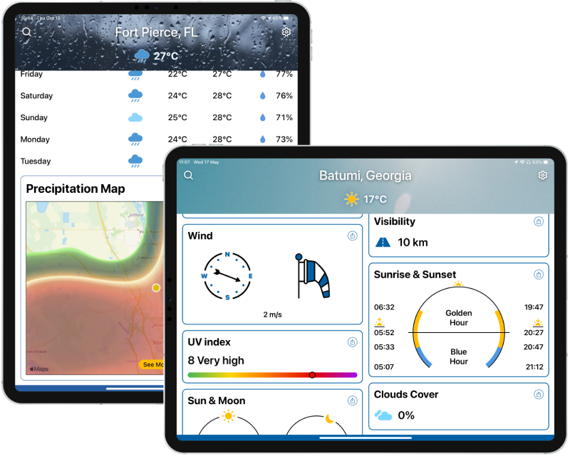 Weather & Climate Tracker app shown in action on 2 iPad devices