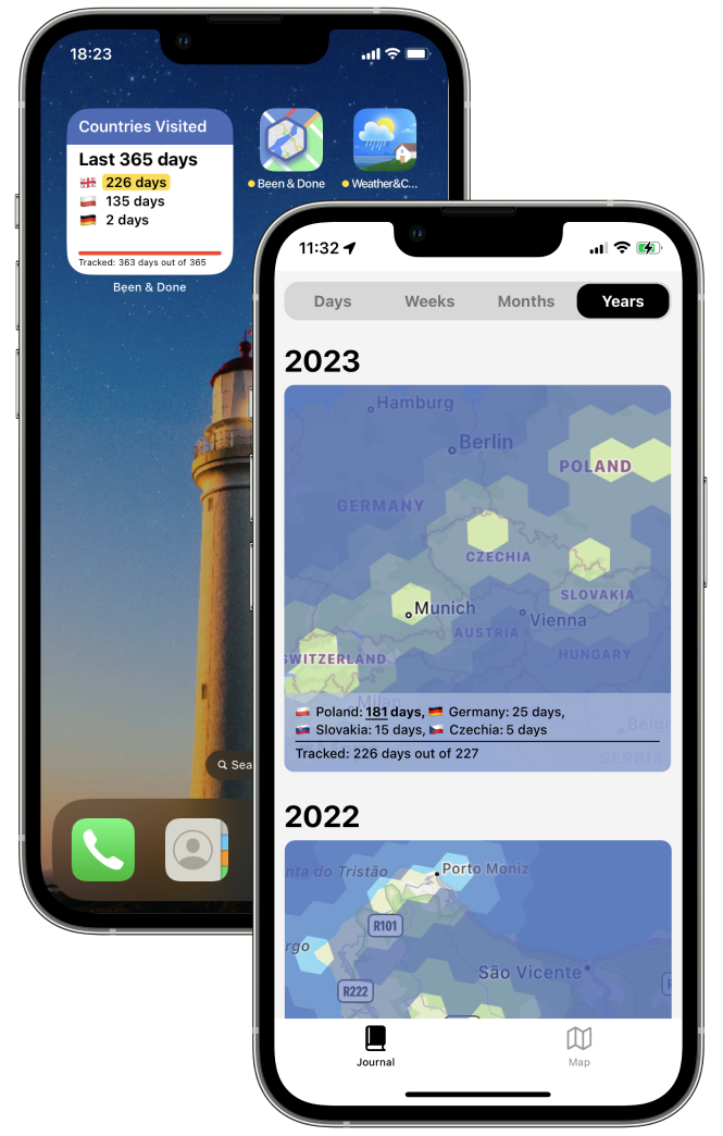 Been & Done Travel Tracker app shown in action on 2 iPhone devices