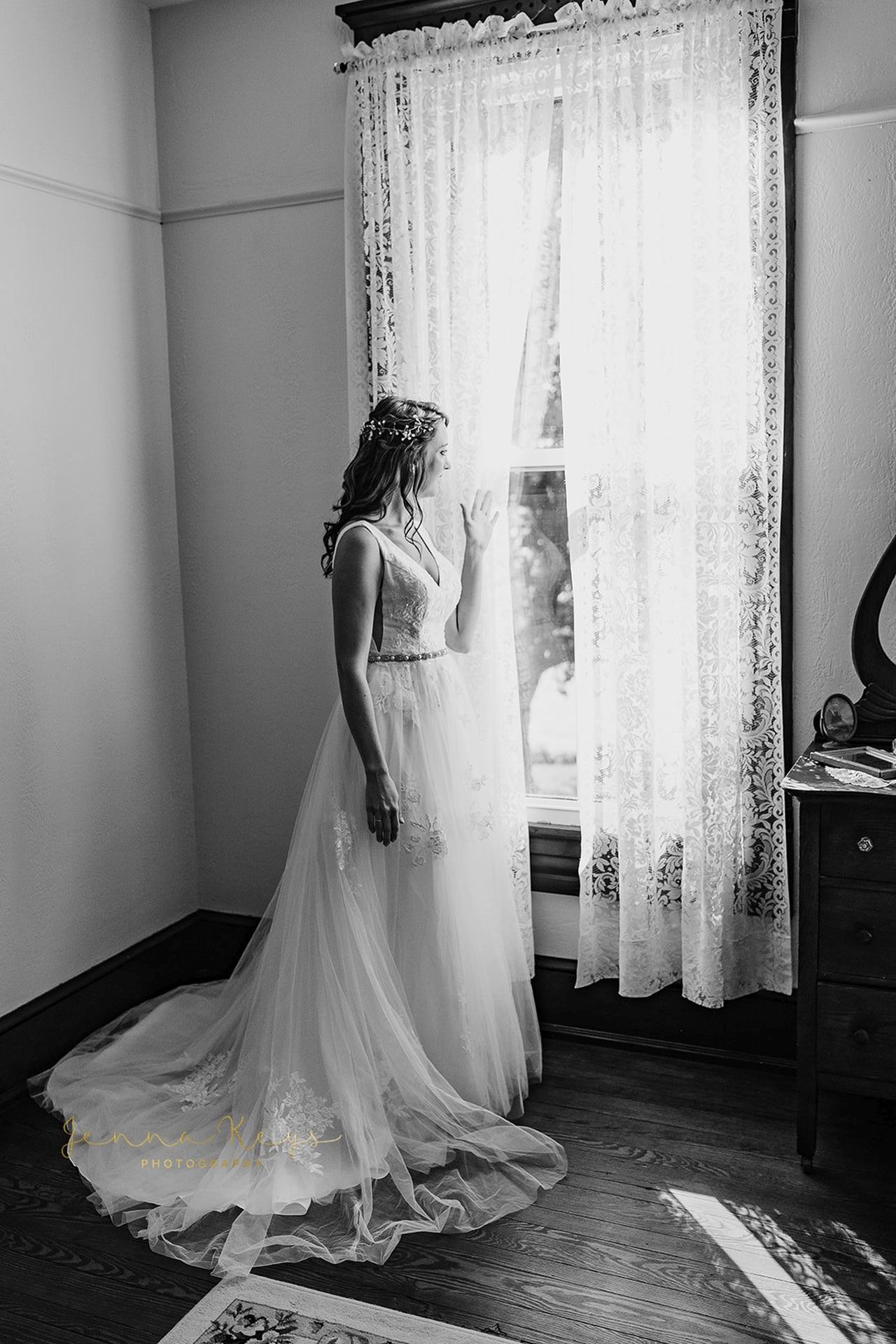 Bride Peeking out Window