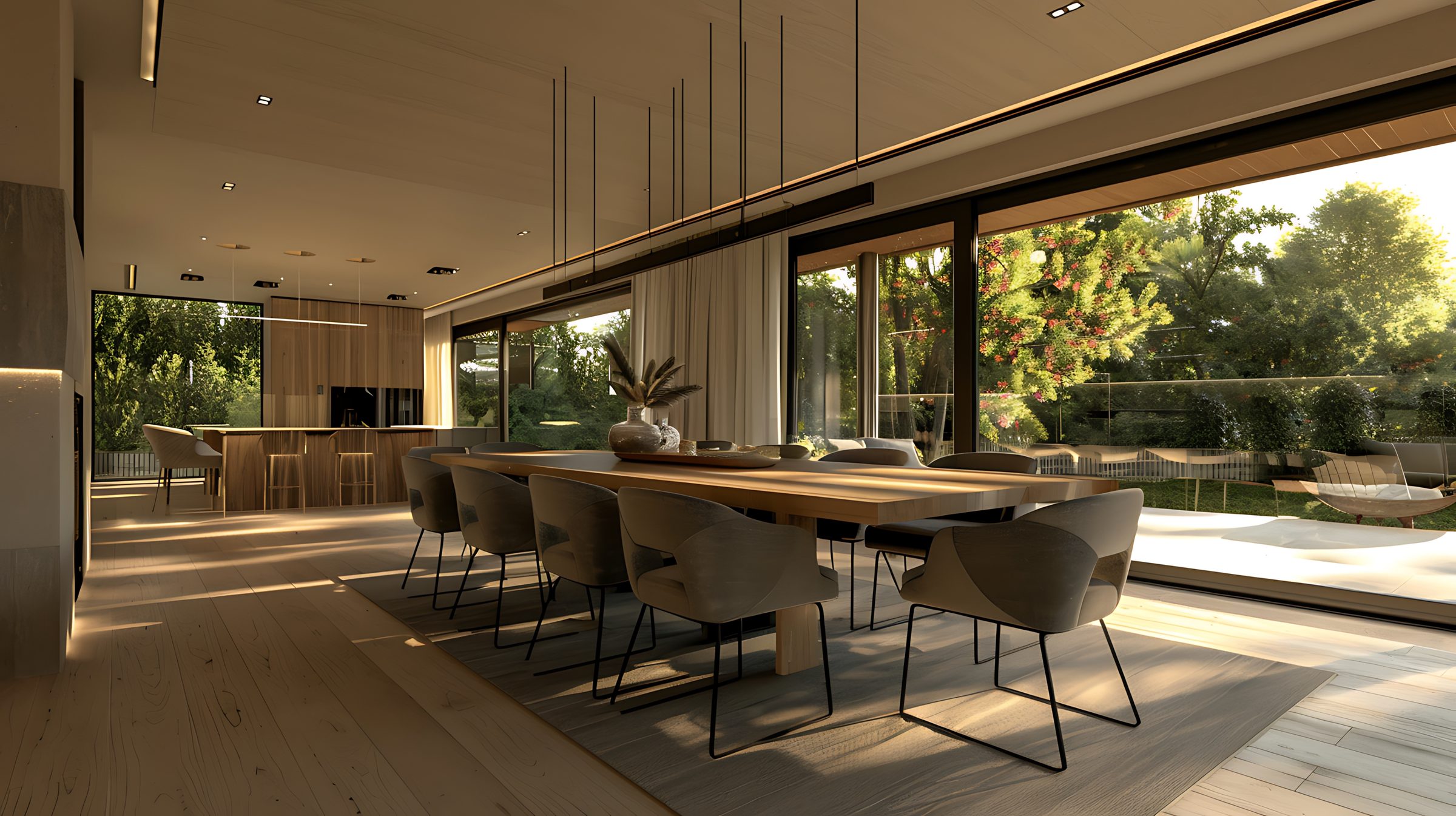 Terraço com mesa de jantar e vista para o jardim