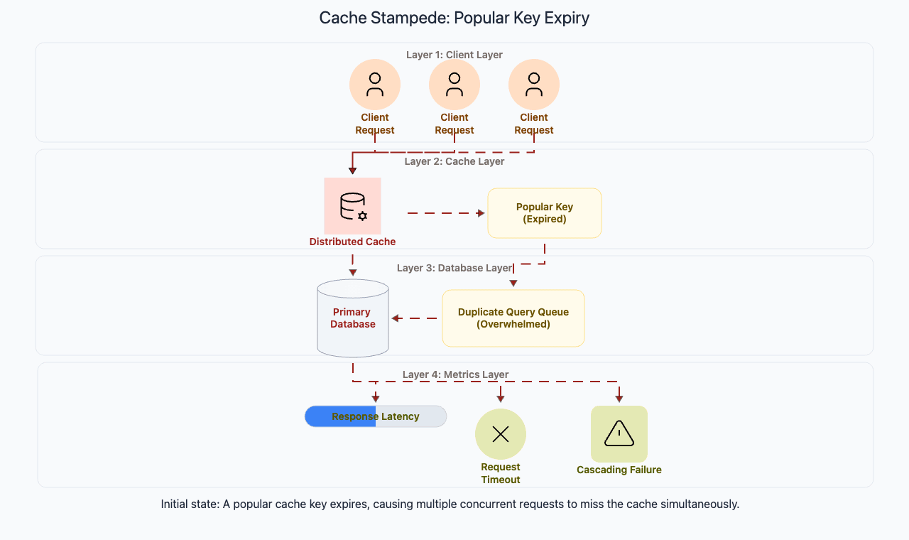 Cache stampede thundering herd scenario with expired TTL and database overload