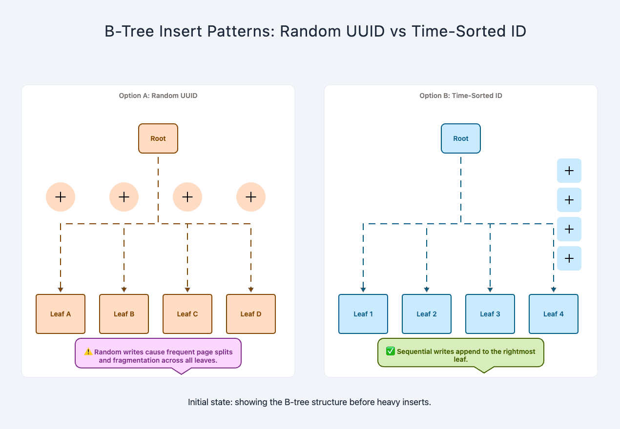 Time-sorted vs random ID B-tree insertion patterns