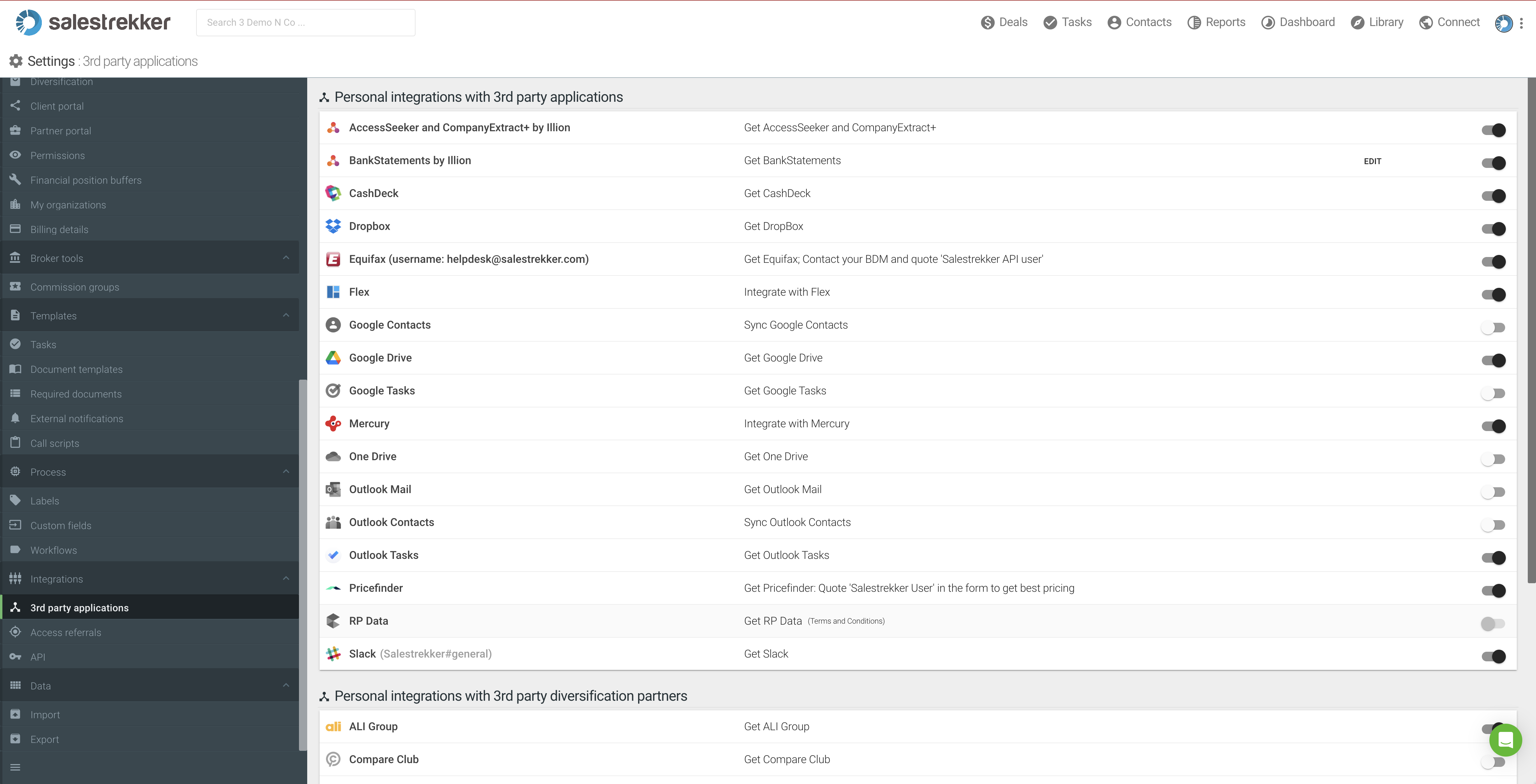 Settings of Salestrekker CRM v1.0 with switch for multiple partners that can be easily integrated with Salestrekker Salestrekker CRM v1.0 settings > integration
