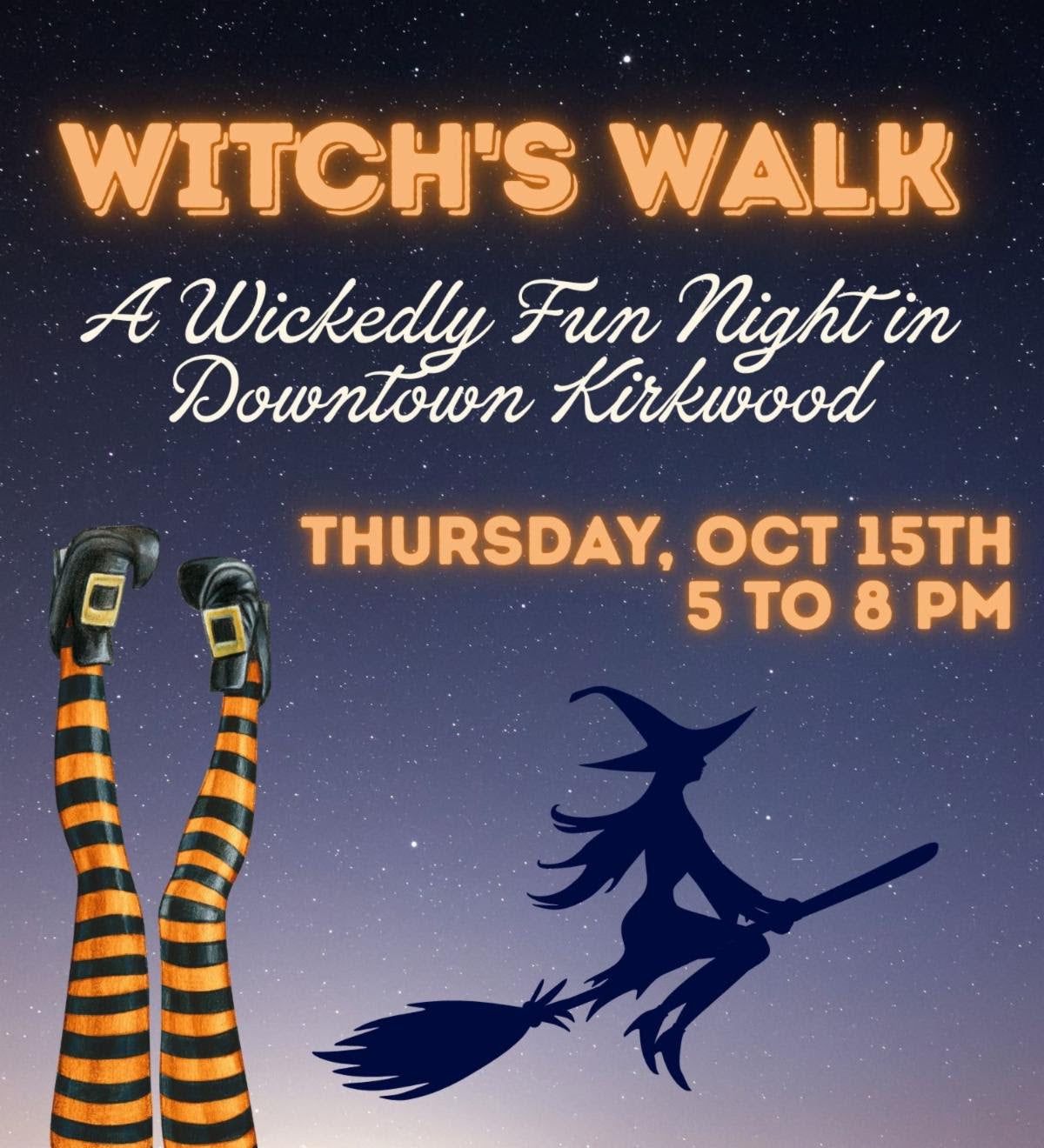 Witches Walk flyer for a wickedly fun night in Downtown Kirkwood
