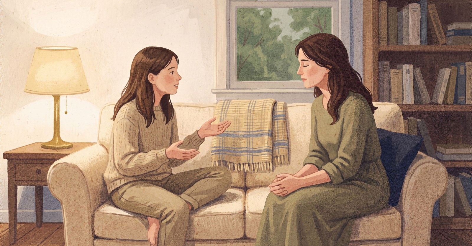 A mother and her daughter sit at opposite ends of a living room couch, the daughter talking with her hands open and the mother listening with her eyes lowered, a folded blanket between them, with a lamp, bookshelves, and a window with trees behind them.