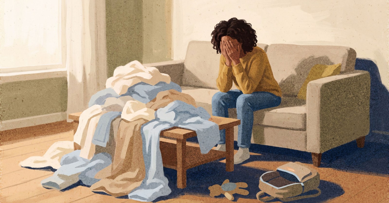 A woman in a mustard sweater sits on a couch with her face in her hands, a huge pile of unfolded laundry heaped on the coffee table and spilling onto the floor in front of her.