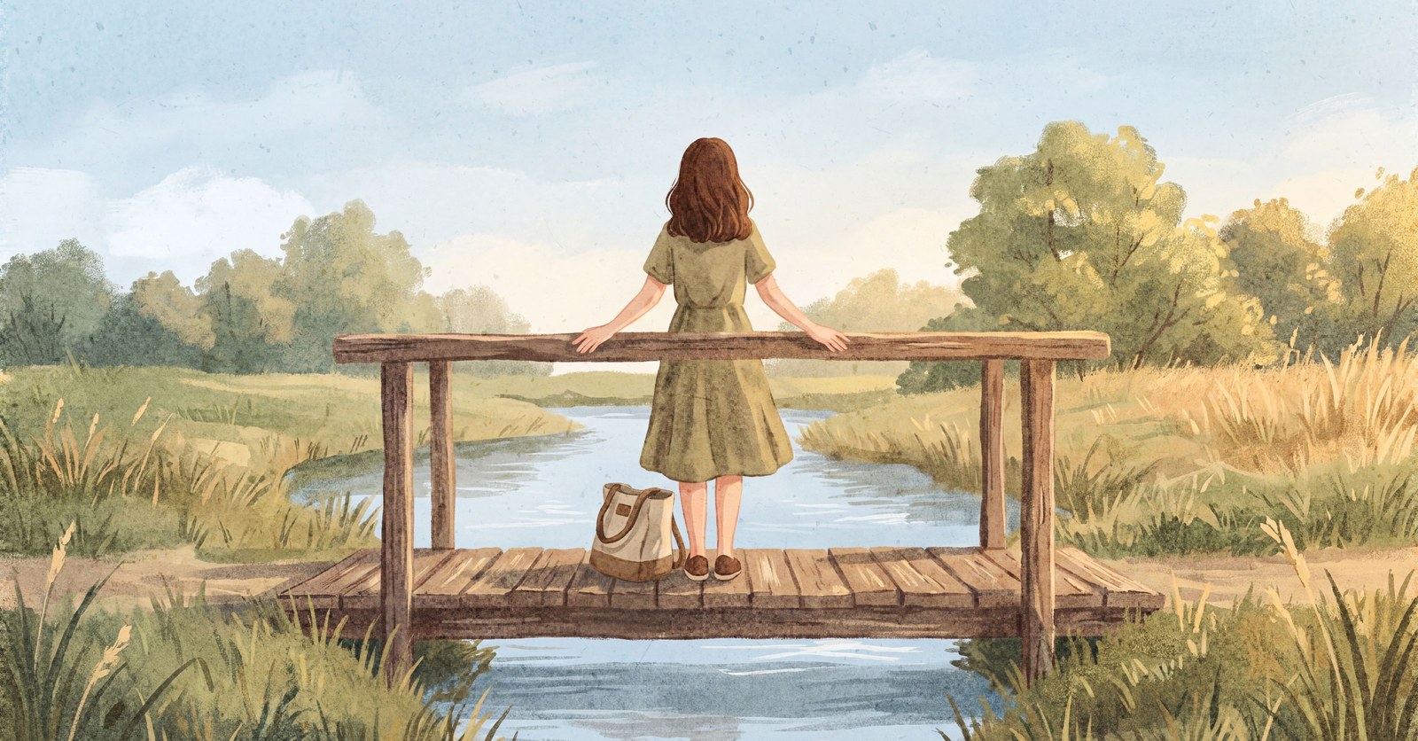 A woman seen from behind stands on a small wooden footbridge over a stream, her hands resting on the rail and a canvas bag set down at her feet, with green meadows and trees under a pale blue sky.
