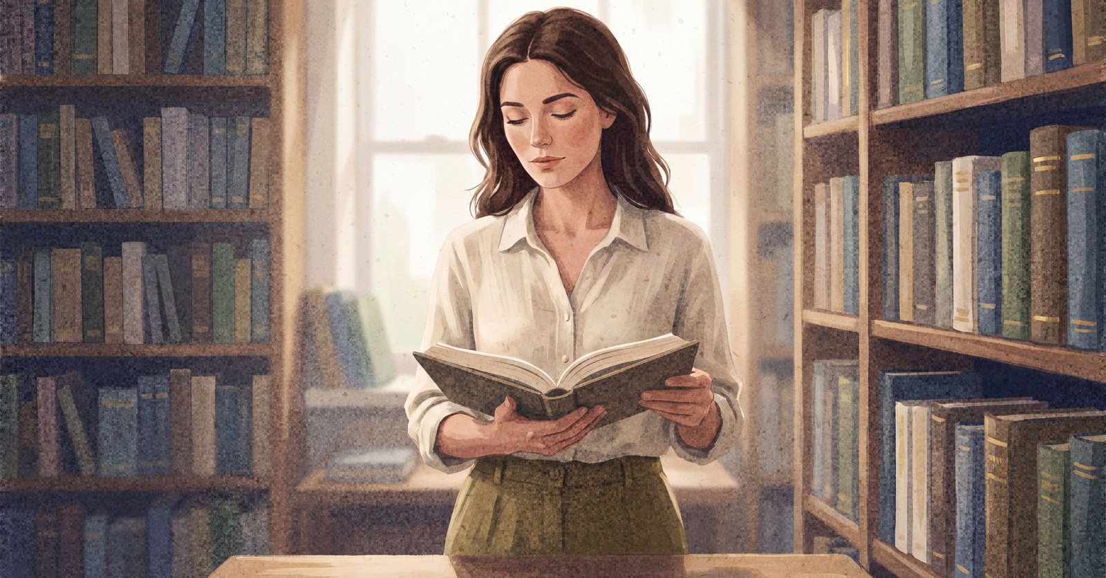 A woman stands at a table of books in a small bookshop, holding one book open and reading with a calm, settled expression, with tall shelves and a bright window behind her.