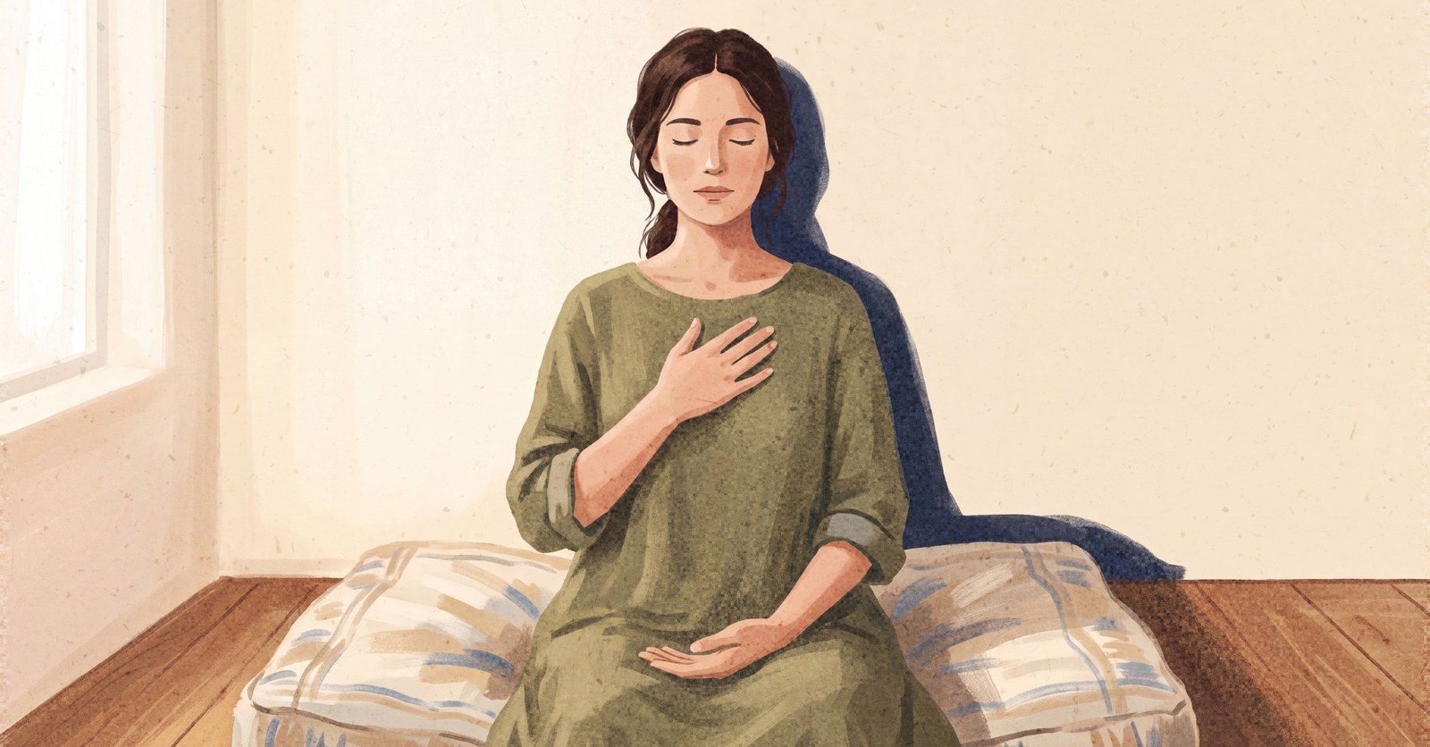 A woman sits on a floor cushion facing us with her eyes closed, one hand resting on her chest and the other open in her lap, in soft light from a window.