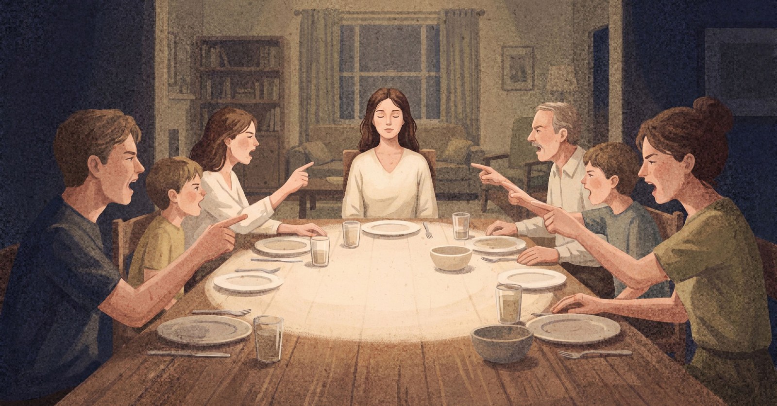 A woman sits calmly at the head of a dinner table with her eyes closed, lit by a soft pool of light, while her family on both sides of the table shout and point at each other.