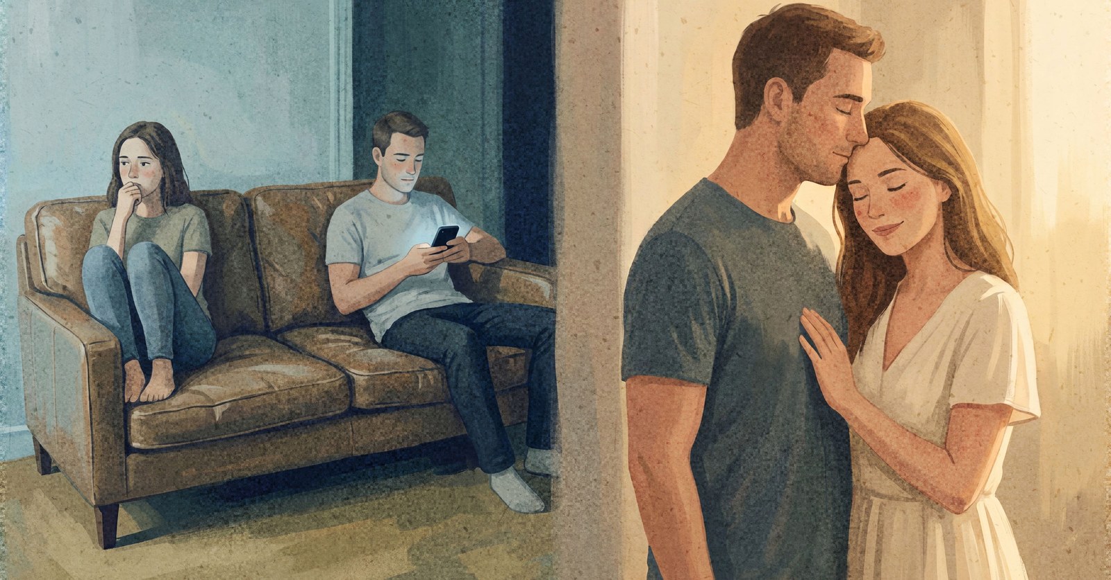 Two halves of one picture: on the left a couple sits apart on a couch in cool light, she with her hand at her mouth looking away and he looking at his phone; on the right the same couple stands close in warm light, his cheek resting against her temple and her eyes closed.
