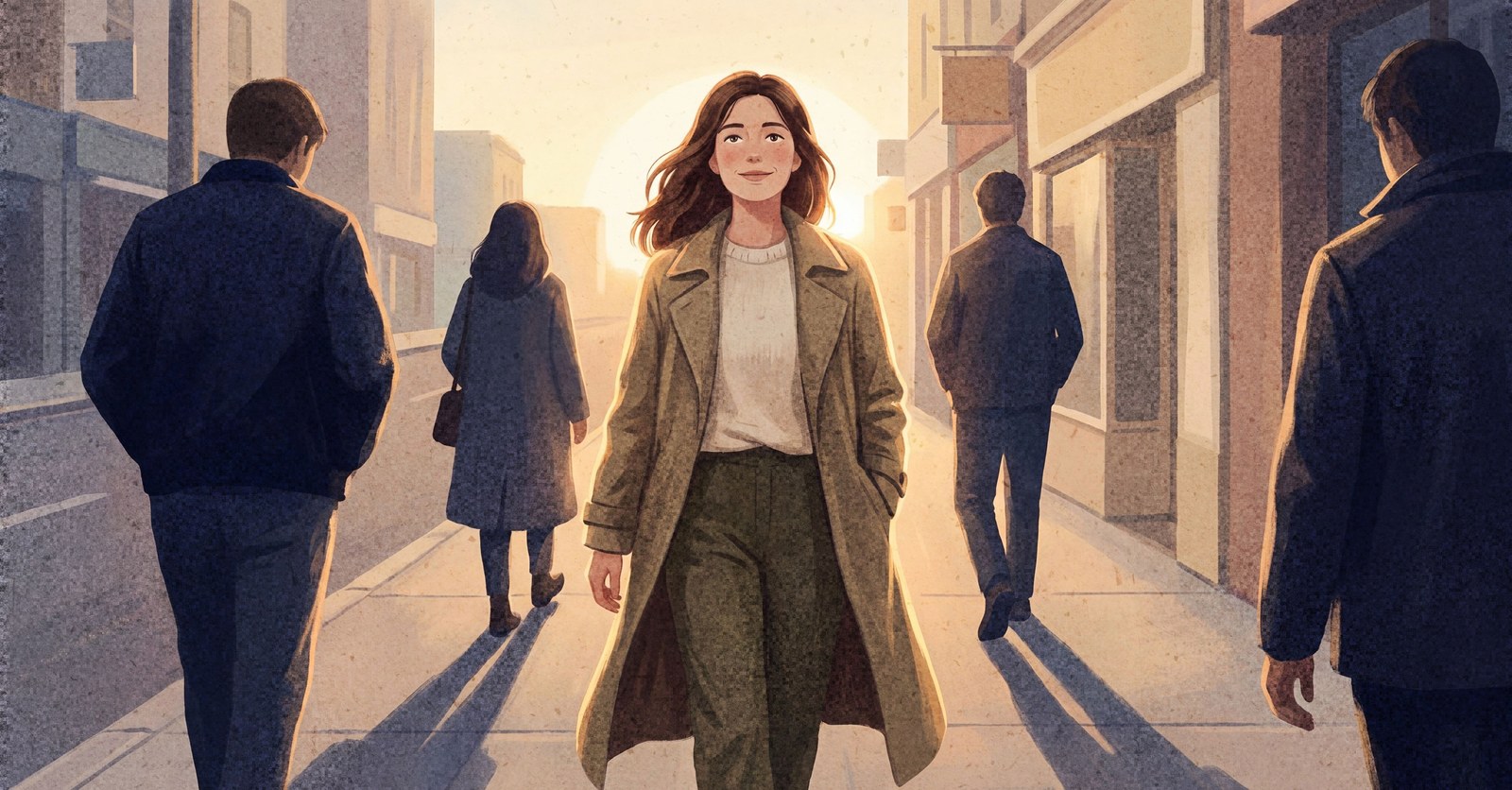 A woman in a long coat walks toward us along a city sidewalk with a slight smile, the low sun behind her lighting her hair, while the other people on the sidewalk walk away with their heads down.