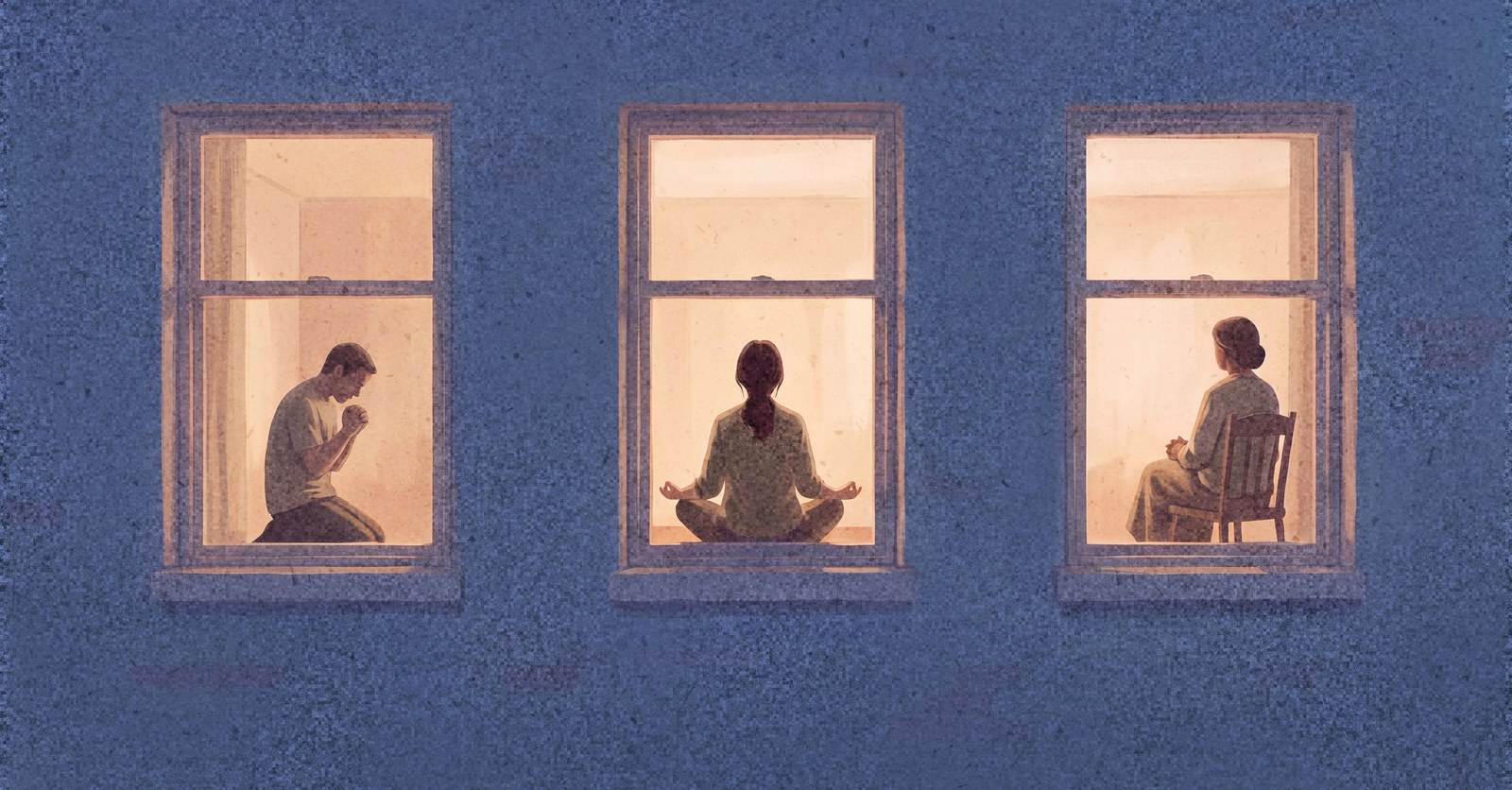 Three lit windows in an apartment building at dusk: in one a man kneels in prayer, in the next a woman sits cross-legged, and in the third an older woman sits in a chair looking out.