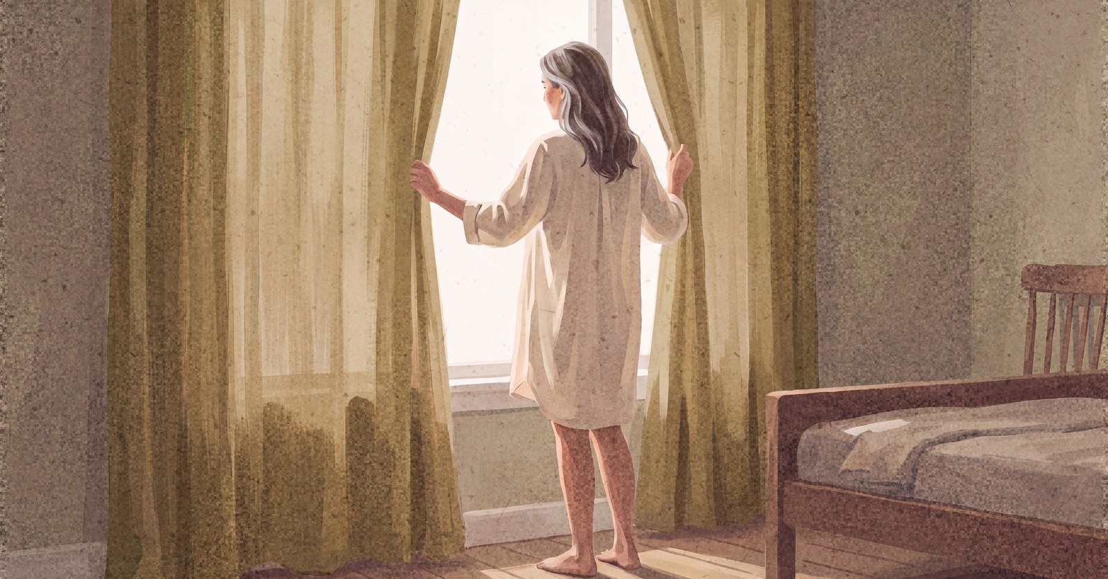 A woman with silver-streaked hair in a cream nightshirt pulls the curtains open, and bright morning light floods across her and the wooden floor of a simple bedroom.