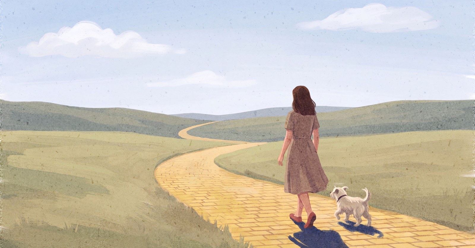 A woman in a gray dress walks a winding yellow brick road through green fields with a small white dog beside her, low hills and a pale blue sky ahead.