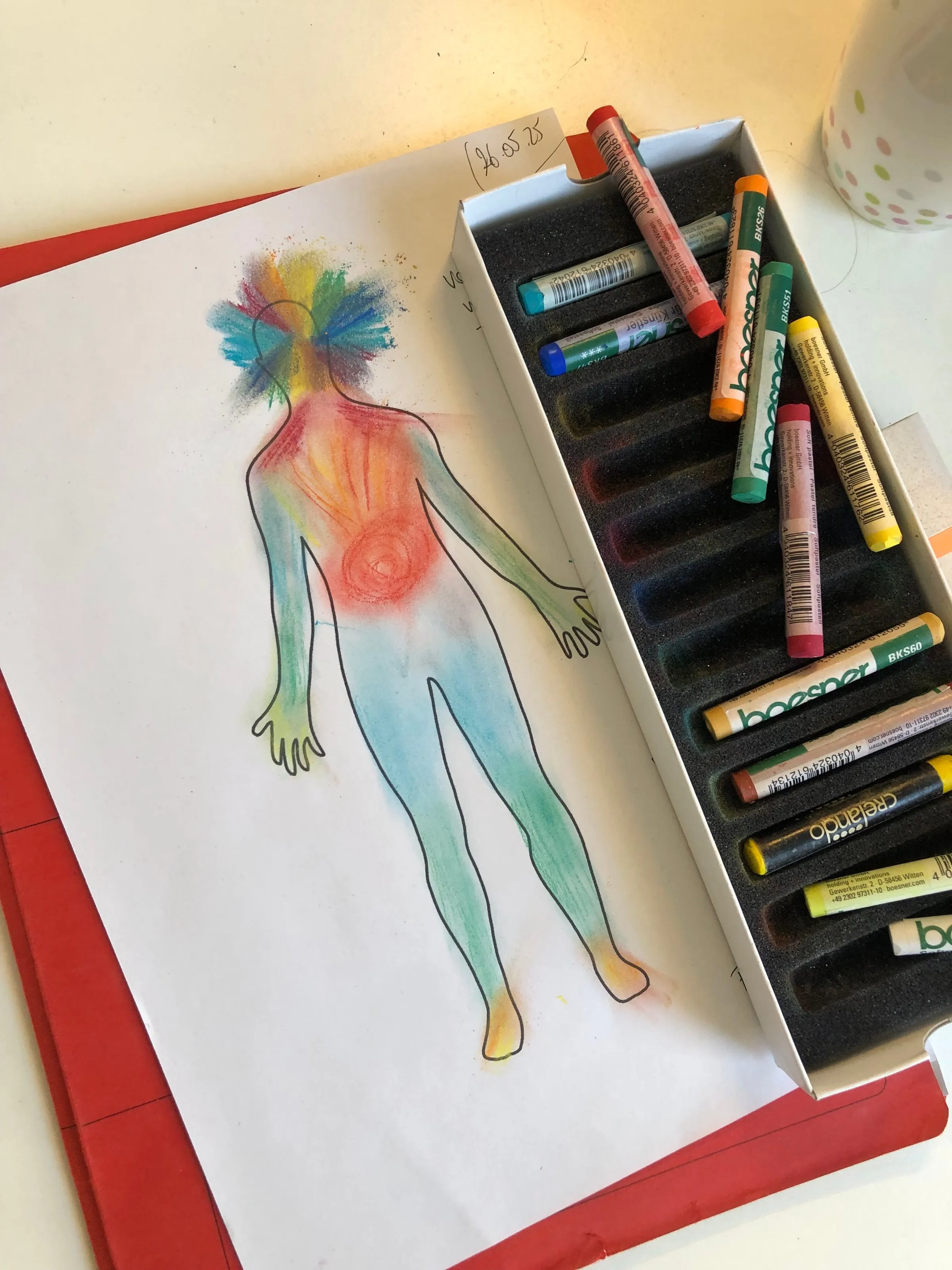 Körperumriss mit Ölkreiden aus einem Kreativworkshop