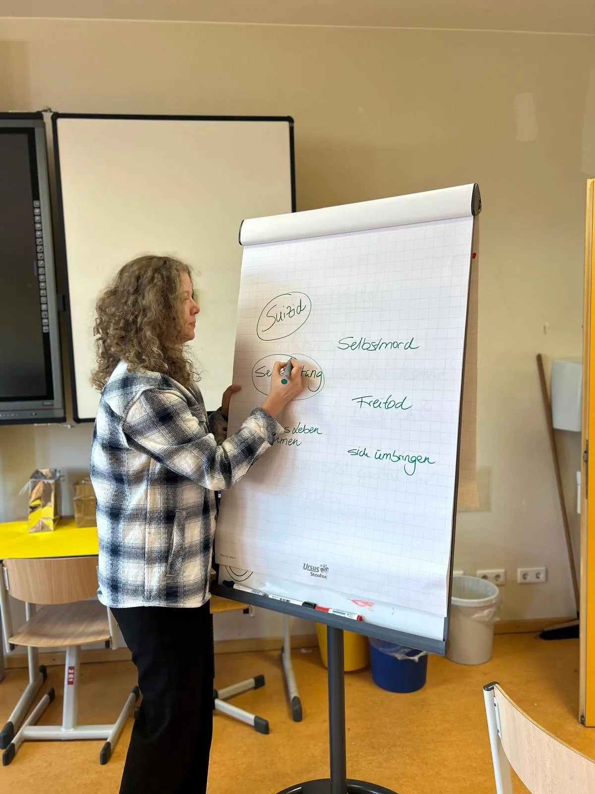 Jennifer Otte schreibt an der Flipchart während eines Projekttags