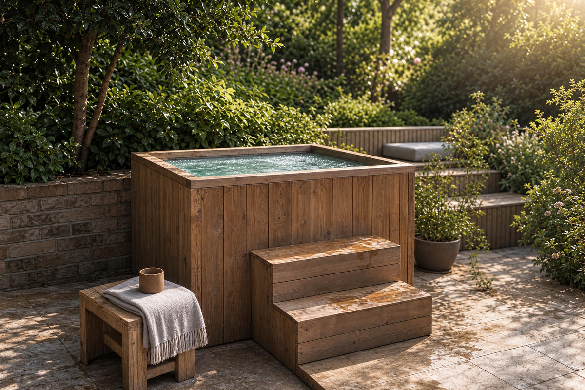 The Flux Ice Bath, Thermawood-clad, with steps and cover