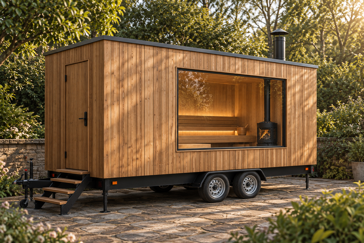 The Flux Sauna, Thermawood exterior on its trailer