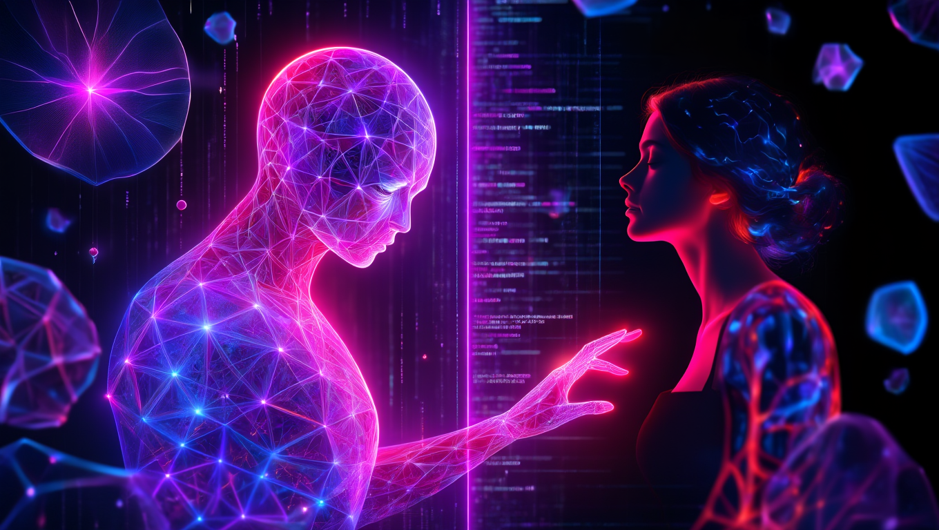 An image of a woman being in love with her AI boyfriend